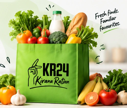 A bright green KR24 grocery bag filled with fresh vegetables, milk and bread, surrounded by fruit.