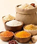 Bowls and sacks of rice, pulses and grains