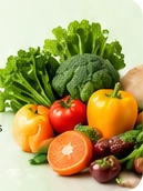 Fresh peppers, broccoli, oranges and vegetables